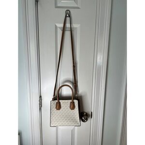 Michael Kors Mercer Small Logo Satchel Crossbody Bag Vanilla Acorn Gold Hardware